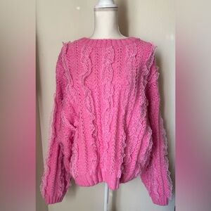 Mimosa Bright Pink Cable Knit Lace Trimmed Sweater | Size Large
